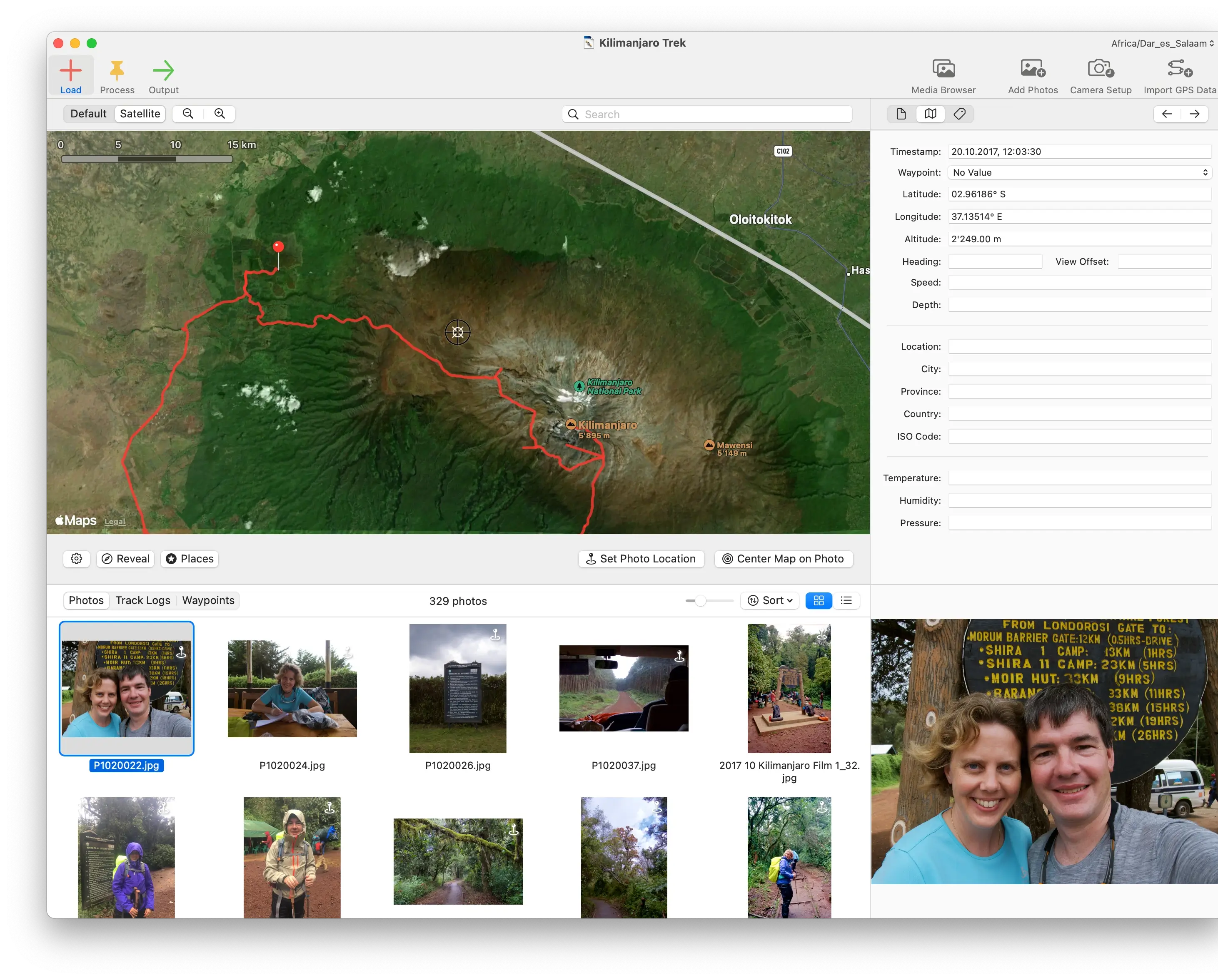 HoudahGeo with photos loaded and GPS track displayed on map