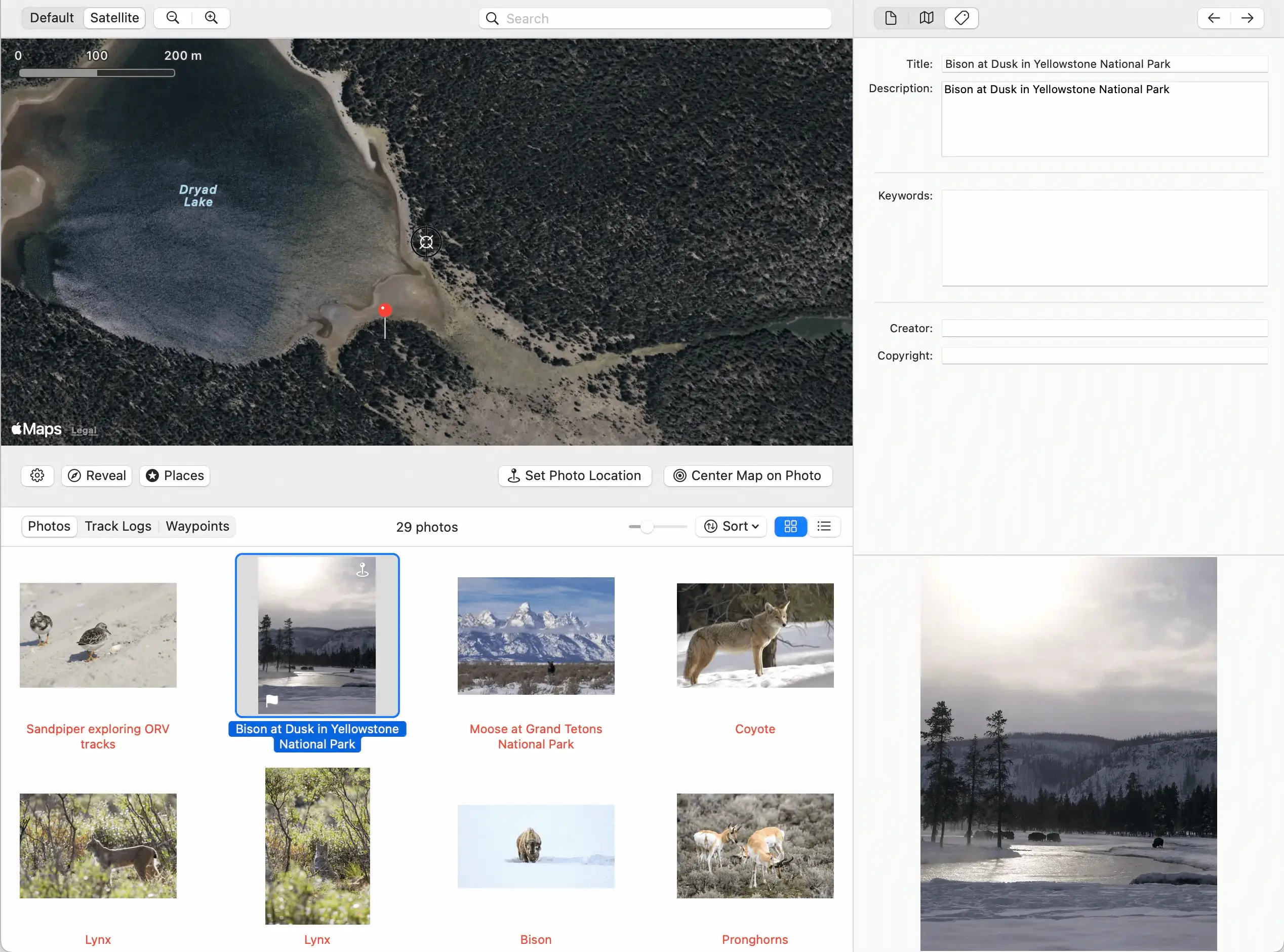 HoudahGeo map view showing geotagged photo pin locations